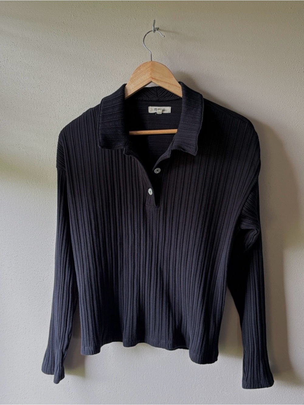 Madewell Womens S Black Variegated Rib Boxy Polo Shirt Long Sleeve Ribbed